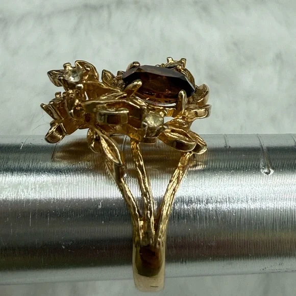 Vintage Floral Smoky Topaz Rhinestone Ring Gold Tone 18K HGE - Picture 13 of 15